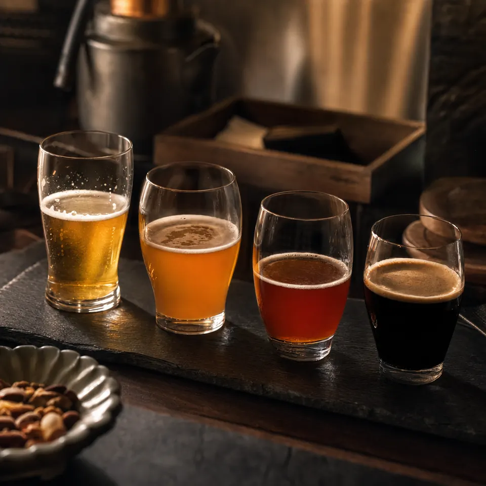 少しずつ注いだ、色の異なるクラフトビールの飲み比べ